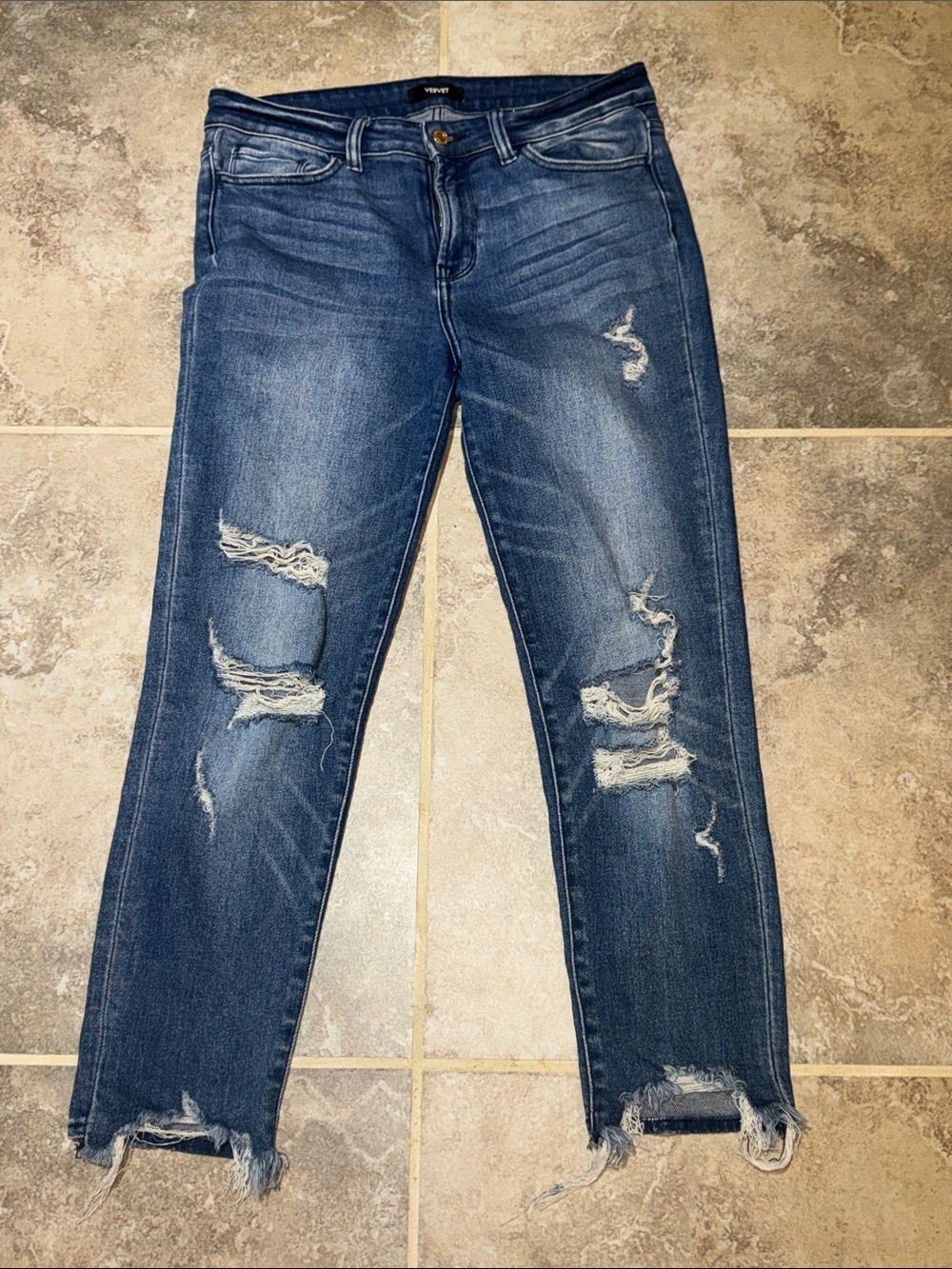 Ripped Ankle Crop Jeans in Dark Blue - Women's